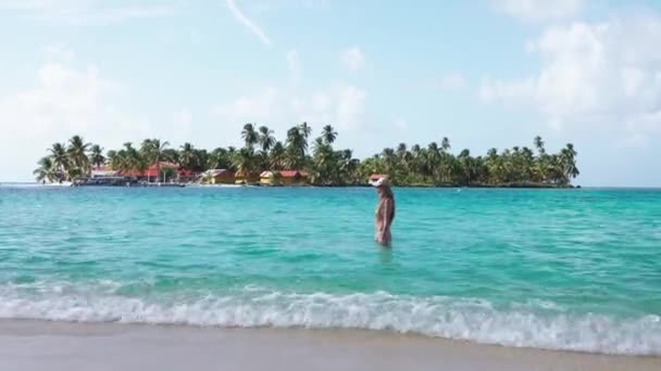 在碧绿海水中的女人 背景是一个岛屿 — 图库视频影像