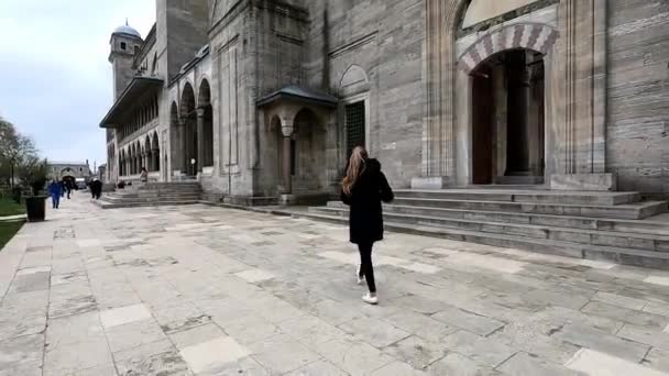 Bakre Horisontell Video Kvinna Som Går Besöker Blå Moskén Istanbul — Stockvideo