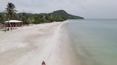 Bikinili bir kadının, cennet gibi tropik bir plajda yürüdüğünü gösteren hava görüntüsü. Providence Adası, Kolombiya