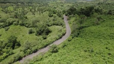 4k drone video yolu. Tropikal ağaçlı orman ormanlarında arabaları var. Hava durumu bulutları. Panama Ormanı