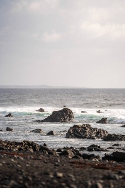Koyu kayalar, bulutlu bir gökyüzünün altında köpüklü dalgalarla tezat oluşturur. Kıyı şeridinde güzellikleri gözler önüne serer..
