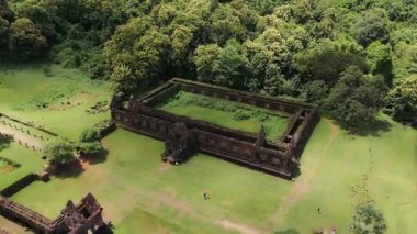 Drone view of the ancient wat phou temple complex, a unesco world heritage site in southern laos