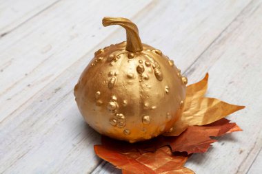 Altın Renk Boyalı Balkabağı Ahşap Arkaplanda Fotoğraf