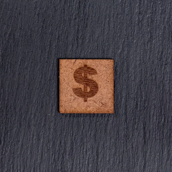 Dólar Ingresar Cuadrado Azulejos Madera Símbolo Sobre Fondo Piedra Negro — Foto de Stock