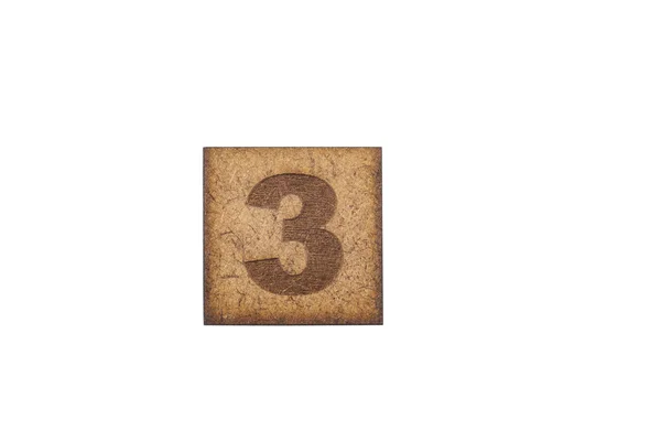 Liczba Kwadratowych Drewnianych Płytek Numer Trzy Białym Tle — Zdjęcie stockowe