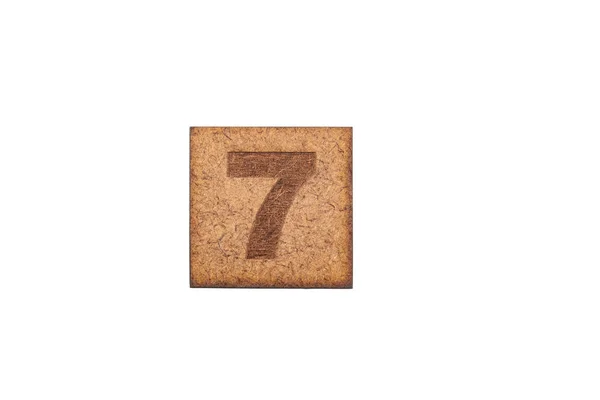 Número Azulejos Quadrados Madeira Número Sete Fundo Branco — Fotografia de Stock