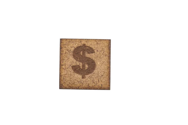 Sinal Dólar Azulejos Quadrados Madeira Símbolo Fundo Branco — Fotografia de Stock