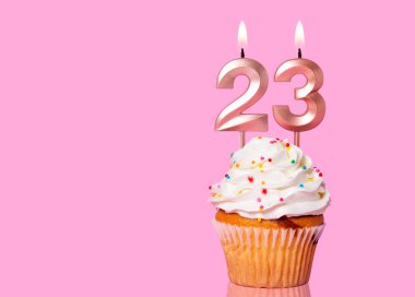23 Numaralı Mumlu Doğum Günü Pastası Pembe Arkaplanda.