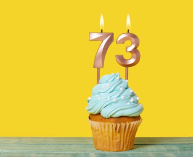 Sarı Arkaplanda 73 Numaralı Mumlu Doğum Günü Pastası.