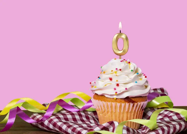 stock image Birthday Cake With Candle Number 0 Lit - Photo On Pink Background.