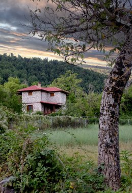 Farm house in Zarouhla village at winter. Acahia, Greece. Greek landscapes at winter clipart