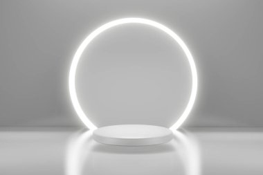 Abstract background in futuristic style and geometric white podium platform for products presentation. 3D Render illustration.