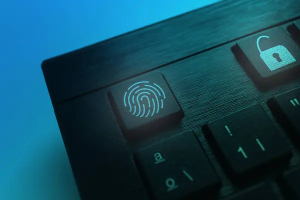 Security tech concept of fingerprint on keyboard. Unlock user. Global technology. Data protection and cyber security.