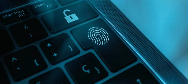 Banner of security tech concept with fingerprint on keyboard. Unlock user. Global technology. Data protection and cyber security.