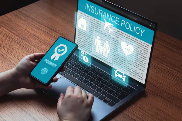 Woman use laptop and smartphone to contract family life insurance and policy. Car, family, life, travel and health insurance icons.