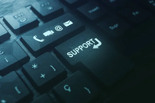 Banner of keyboard with support button and icons. Internet of things. Customer support hotline people connect. Feedback, business and finance concept.
