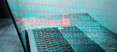 Renkli VR siber saldırı arayüzü olan arkaplan olarak masaüstü afişi. Siber güvenlik veri koruma iş teknolojisi. Tehlikelere karşı koruma.