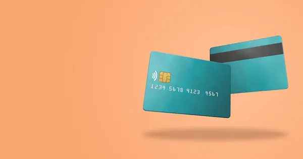 Header of front and back credit card in green color over Peach Fuzz background and empty space for text. Business app. Shopping online. Secure purchase. Digital payments. Online banking. 3D Render.