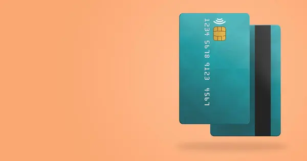 Banner of realistic credit cards in Peach Fuzz color background. Credit cards mockup. 3D Rendering. Ilustration design with empty space for text or logo presentation.