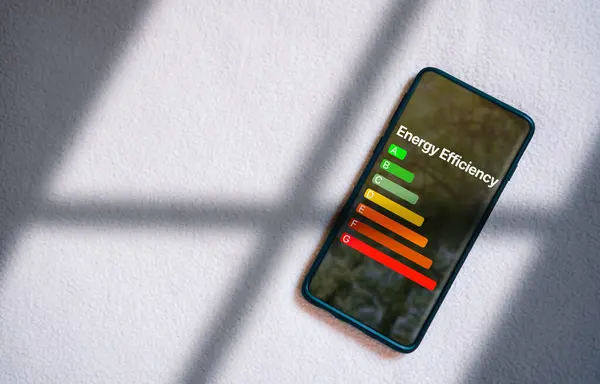 Hızlı enerji verimliliği ve eko ev yenilemesinin akıllı telefon tarama arayüzü. Düşük tüketim ekolojik evi, sürdürülebilir kalkınma kavramı.