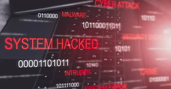 Sistemi hacklenmiş VR ekranlı masaüstü dizüstü bilgisayarı. Uzlaşmacı bilgi konsepti. İnternet virüsü siber güvenlik ve siber suç.