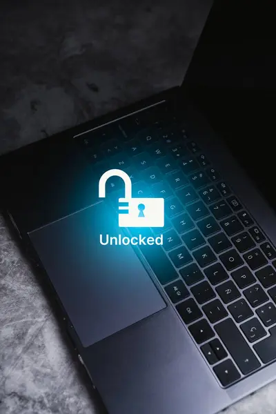 stock image Desktop photo of laptop with futuristic interface of unlock protection. Creativity concept. Business innovation, data security and technology concept.