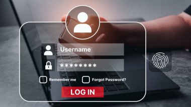Kadın bilgisayardaki kimlik doğrulamasını doğrulamak için akıllı telefon kullanıyor. Çevrimiçi güvenlik şifresi giriş konsepti. Parmak izi veri koruma arayüzü. Tehlikelere karşı güvenli bilgi.