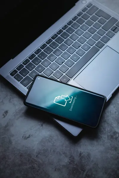 Akıllı telefon dizüstü bilgisayarda, ekranda indirme arayüzü var. Bulut depolama teknolojisi. Yazılım güncellemesi. Yedekleme sistemi.