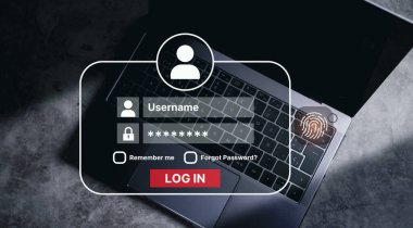 Kimlik doğrulamasını doğrulamak için sanal gerçeklik arayüzü olan dizüstü bilgisayar. Çevrimiçi güvenlik şifresi giriş konsepti. Parmak izi veri koruma arayüzü. Tehlikelere karşı güvenli bilgi.