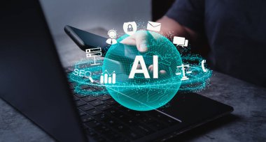 İş kadını yapay zekayla sanal küresel arayüz gösteriyor. Yapay Zeka. Bir şey üretmek için komut komutu kullanmak, gelecekçi teknoloji.