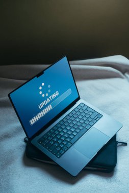 Bilgisayar ekranındaki ilerleme çubuğu güncelleniyor. Uygulama yaması kuruluyor. Aygıtı güncel tutmak ve güvenliği artırmak için yazılım güncellemesi veya işletim sistemi güncellemesi.