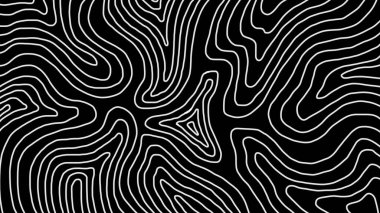 Siyah çizgileri düzgün ve dalgalı olan soyut topografik desen. Akan hatlar, görüntü boyunca coğrafi haritalara ya da dalgalanma etkilerine benzeyen organik ve akışkan bir doku oluşturur..