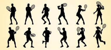 Bu resim tenis oyuncularının siluetlerini çeşitli pozlarda, raket tutarken, servis, voleybol ve ters vuruşlar gibi farklı vuruşlar yaparken, dinamik hareketler sergilerken gösterir.