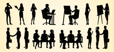 Bu resim, çalışma, sunum, toplantı, iletişim, iş yeri işbirliğini ve etkileşimini sembolize etmek gibi çeşitli ofis faaliyetlerine katılan iş profesyonellerinin siluetlerini içeriyor.