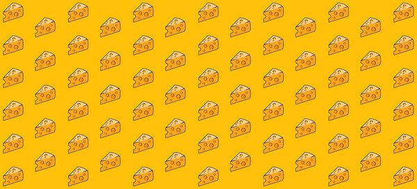 A seamless yellow pattern featuring illustrated slices of Swiss cheese with holes.
