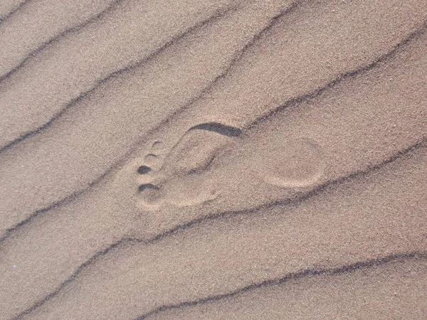 Ένα Αποτύπωμα Ποδιού Στην Άμμο Στα Σημάδια Κυματισμού Υψηλής Ποιότητας — Φωτογραφία Αρχείου