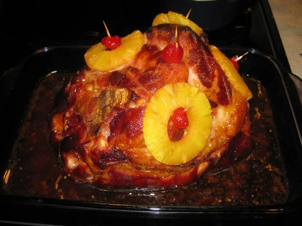 Glazed Ham with Pineapples and Cherries Ready to Eat. High quality photo