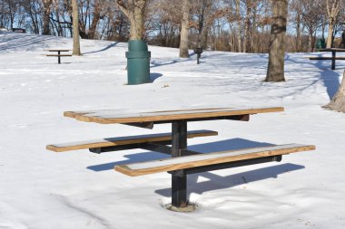 Aralıkta Minnesota Park 'taki Karlı Piknik Masası. Carver County, Minneapolis yakınlarındaki Minnewashta Gölü Bölge Parkı. Yüksek kalite fotoğraf