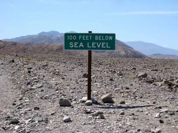 100 Feet Below Sea Level Info Sign at Death Valley National Park. High quality photo