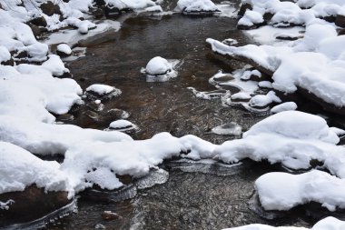 Calm and Snowy Flowing River, Winter in Minnesota. High quality photo