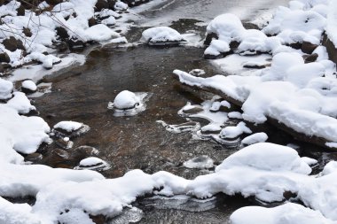 Snowy Creek, Flowing River, Winter in Minnesota. High quality photo