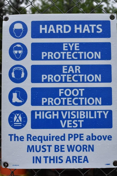 Área Construcción Señal Seguridad Ppe Instrucciones Para Sombreros Duros Chalecos —  Fotos de Stock