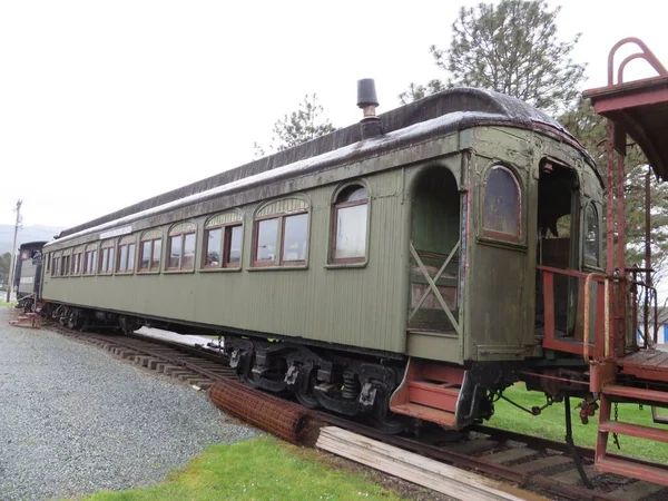 Carro Trem Madeira Verde Histórico Passageiro Dia Sombrio Estrada Ferro — Fotografia de Stock