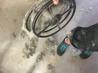Bir Bakım Salonunda Evcil Hayvan Kürkü Dolu Bir Filtreyi Tutmak, Yerleri Dolu Döşemek. Yüksek kalite fotoğraf