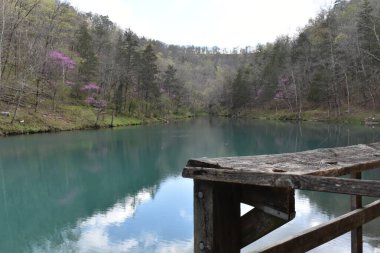 Mirror Lake, Blanchard Springs, Mountain View, Arkansas 'taki Balıkçı İskelesinden Bahar Bakışı. Yüksek kalite fotoğraf