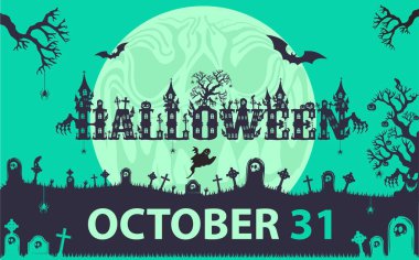 Cadılar Bayramı yeşil arka planı. Balkabakları ve mezarlık 