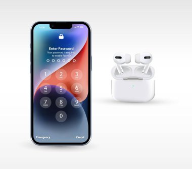 Beyaz arka planda beyaz kablosuz kulaklıklar. Gri akıllı telefon