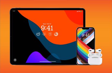 Akıllı telefon, tablet, kulaklık turuncu arka planda izole edilmiş renkli ekran koruyucu. Gerçekçi ve detaylı cihazların ve aletlerin maketi. hisse vektör illüstrasyonu