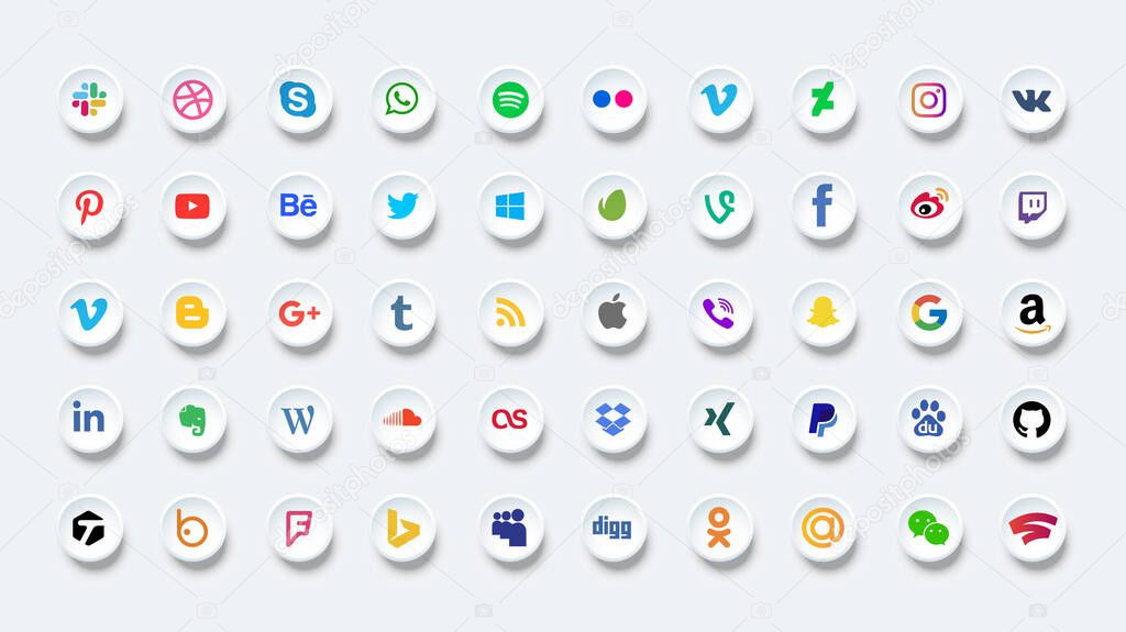 Facebook, Twitter, Instagram, youtube, Snapchat, Pinterest, WhatsApp, LinkedIn, periscope, Vimeo - Collection of famous social media logos. Social media icons. Realistic set. Vector editorial