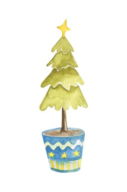 Suluboya şirin noel ağacı beyazın üzerinde izole edilmiş. Şekillendirilmiş kış ağacı